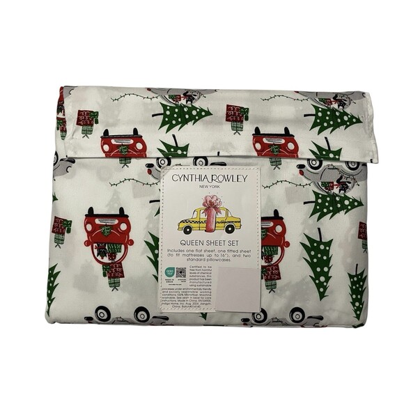NWT Cynthia Rowley CHRISTMAS TREE TRAVEL CATS Queen Size Sheet Set - Picture 2 of 2